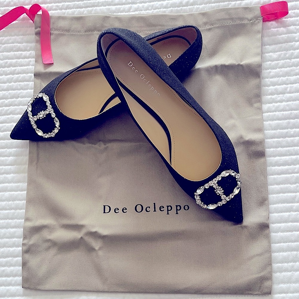 Black and Silver Glitter Fabric Ballet Flats by Dee Ocleppo Jewel Buckles NWT